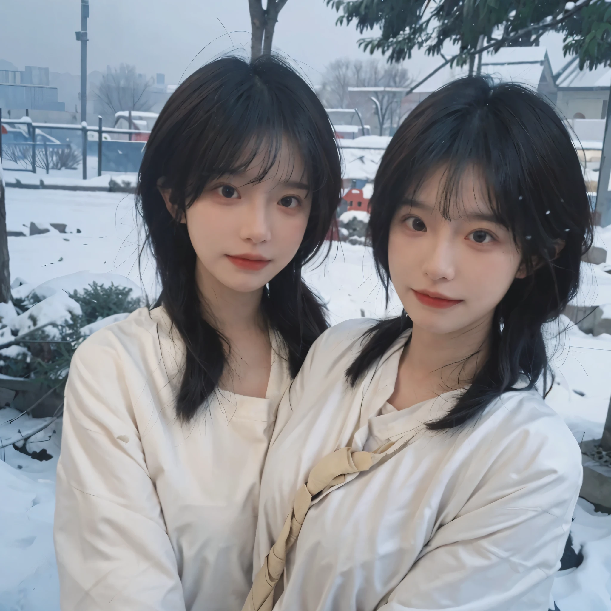 Best quality，masterpiece，Double tail，Ultra-high resolution，snow，16K,Snow background，（Photo Realism：1.4),1 Girl，JK，sexly，（shirt and tie：1.2),（Big breasts：2.3),（Upper body：1.4)