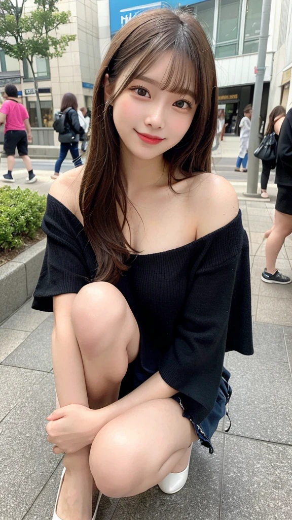 High resolution, Highest quality, Perfect dynamic composition, Beautiful attention to detail, Off the shoulder、Shiny Hair、Medium Hair, Natural color lip, university student、Harajuku、smile、Crouching、M-shaped feet