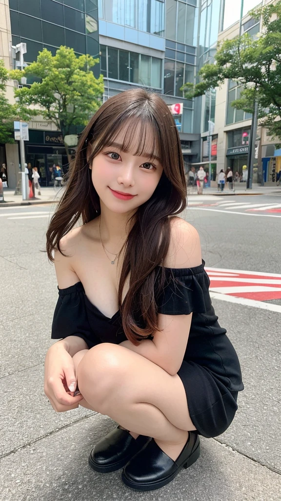 High resolution, Highest quality, Perfect dynamic composition, Beautiful attention to detail, Off the shoulder、Shiny Hair、Medium Hair, Natural color lip, university student、Harajuku、smile、Crouching、M-shaped feet