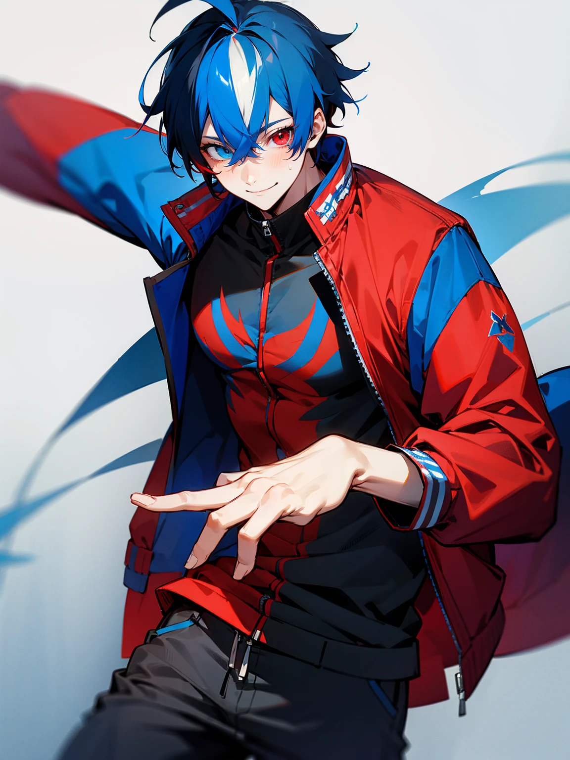 1male, adult, red and blue hair, two toned hair, red and blue varsity jacket, black sweatpants, smile, lean build