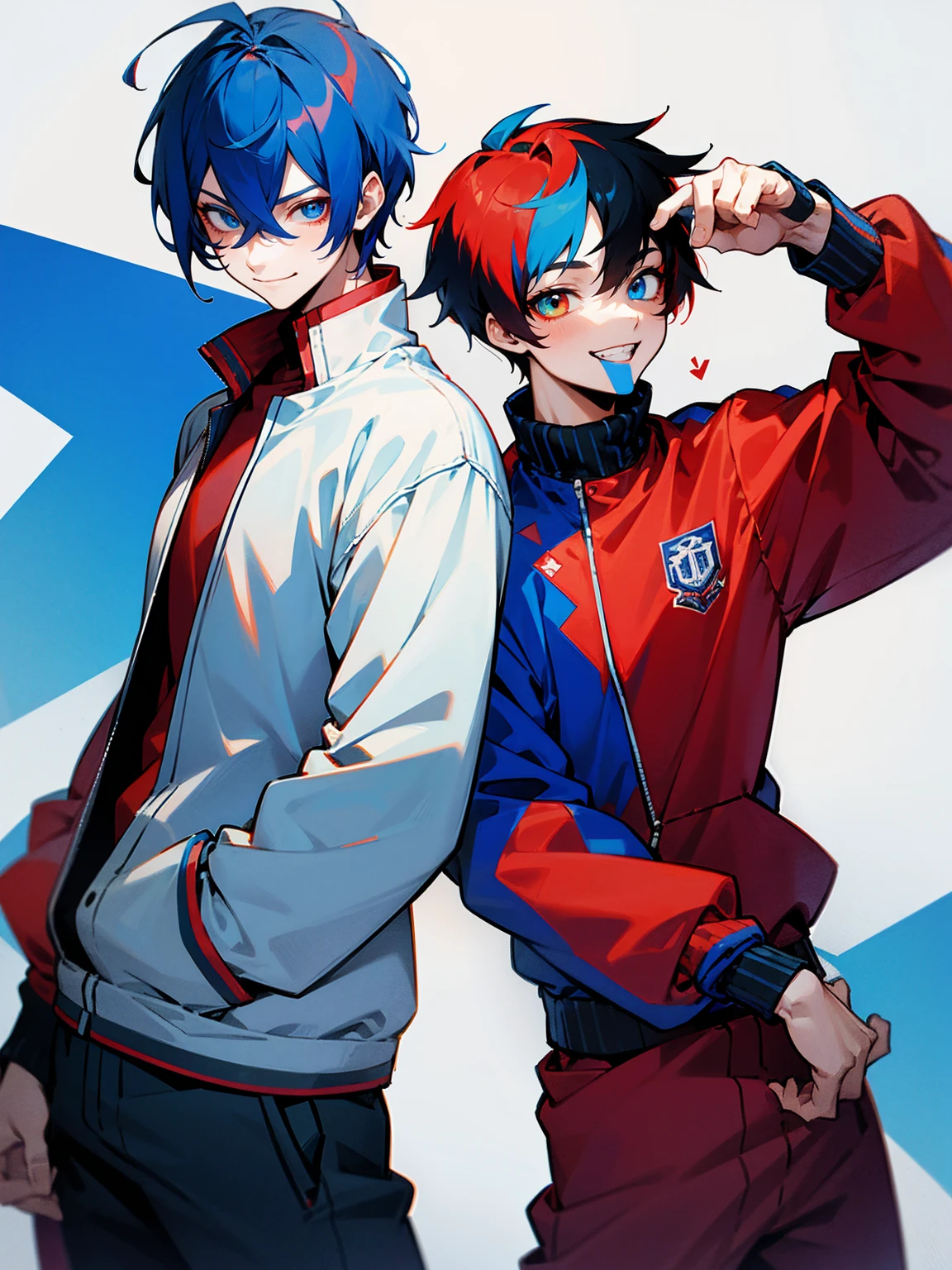 1male, adult, red and blue hair, two toned hair, red and blue varsity jacket, black sweatpants, heterochromia, red eye, blue eye, smile, lean build