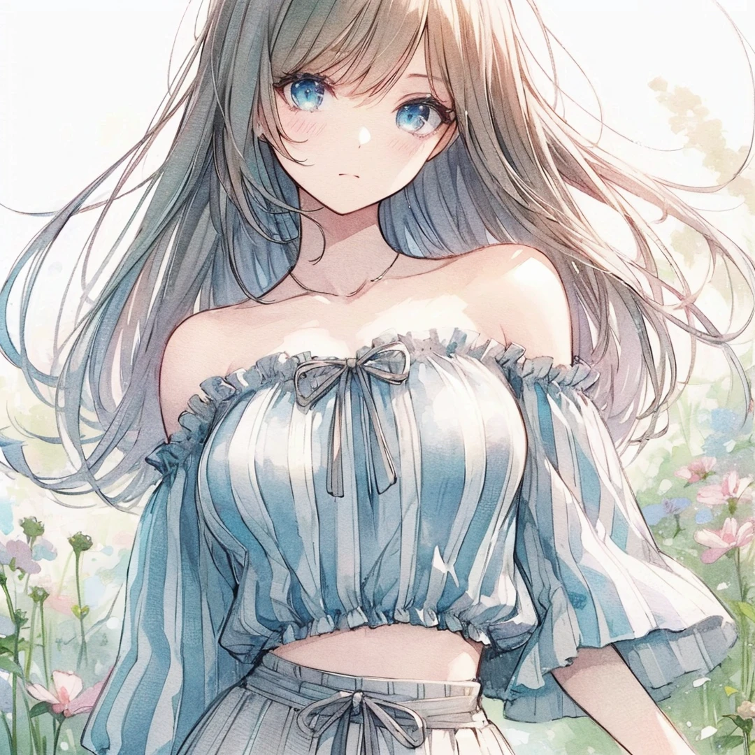 Official art using high-quality hand-drawn watercolor sketch techniques. (best quality,4k,8k,highres,masterpiece:1.2),ultra-detailed,beautiful detailed eyes,A girl with beautiful eyes, everyone, beautiful anime girl, cute anime girl, smooth anime art, anime style, elegant colors, soft lighting, delicate beautiful eyes, very coquettish, (beautiful large breast:1.2), (correct hands:1.2),