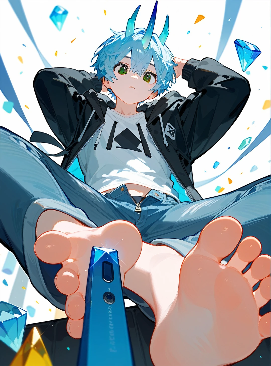 A cute boy showing his feet low angle，tow feet, barefoot，Sole，Foot Focus，White T-shirt，Wearing a white and black hoodie jacket，Unzipped hoodie jacket，Bangs between the eyes，short hair，Light blue hair，jeans，Anatomically correct, There is a diamond-like horn on the top of the head，Black eyes，Look at the audience，There is a single short blue horn in the middle of the head.，