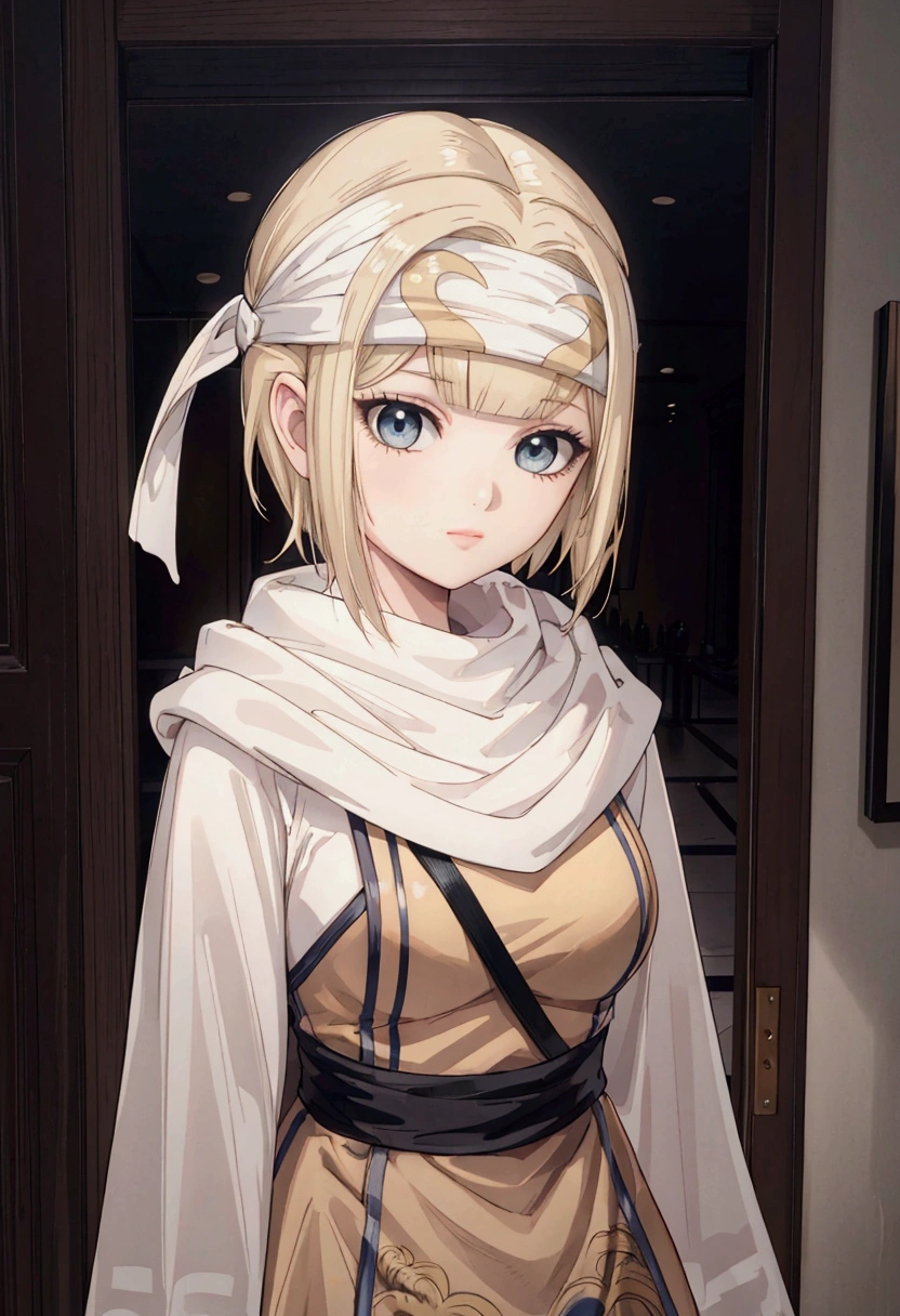 masterpiece), best quality, high resolution blonde 1girl bob cut medium hair standing alone cowl headband profile image looking at viewer beautiful eyes beautiful face extremely detailed