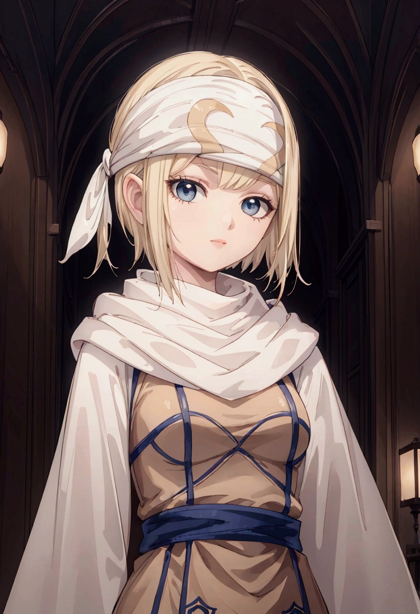 masterpiece), best quality, high resolution blonde 1girl bob cut medium hair standing alone cowl headband profile image looking at viewer beautiful eyes beautiful face extremely detailed