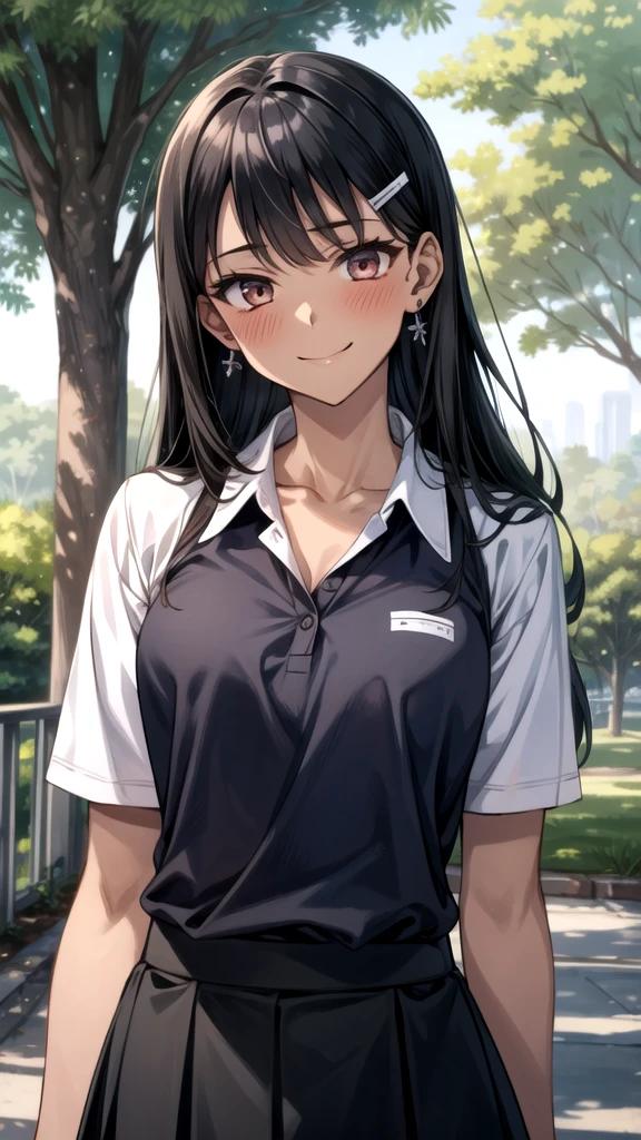 ((best quality)), ((masterpiece)), (details), one girl, sexy ((best quality)), ((masterpiece)), (details), one girl, sexy ((best quality)), ((masterpiece)), (details), one girl, full body, sexy expensive body, expensive, long legs, mature woman, mature, adult, it_nagatoro_main, Hayase Nagatoro, one girl, blushing, alone, uniform polo shirt, short sleeves, black hair,brown eyes, hair accessory, looking at viewer, hair clip, smiling, long hair, dark skinned woman, dark skin, , bangs, daytime, skirt, collared shirt, collarbone, ear clip, mouth closed, tree, asymmetrical bangs, upper body