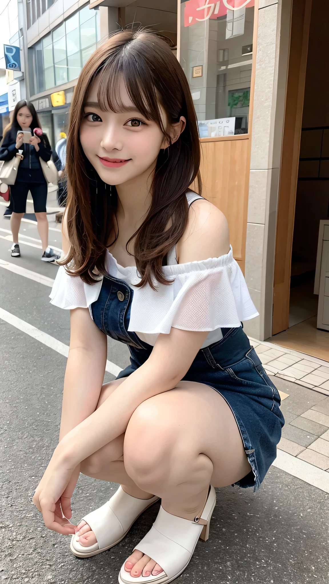 High resolution, Highest quality, Perfect dynamic composition, Beautiful attention to detail, Off the shoulder、Shiny Hair、Medium Hair, Natural color lip, university student、Harajuku、smile、Crouching、M-shaped feet