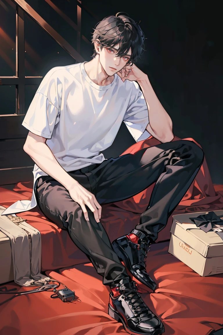 (masterpiece), best quality, seductive eyes, perfect face, handsome man, red eyes, short messy black hair, long nose, plain white t-shirt, long black pants, black sneakers, full body, extremely tall man, long legs, long calves, anime cover, 1boy, ear piercings, adult-like look, there's a beautiful background, bad boy