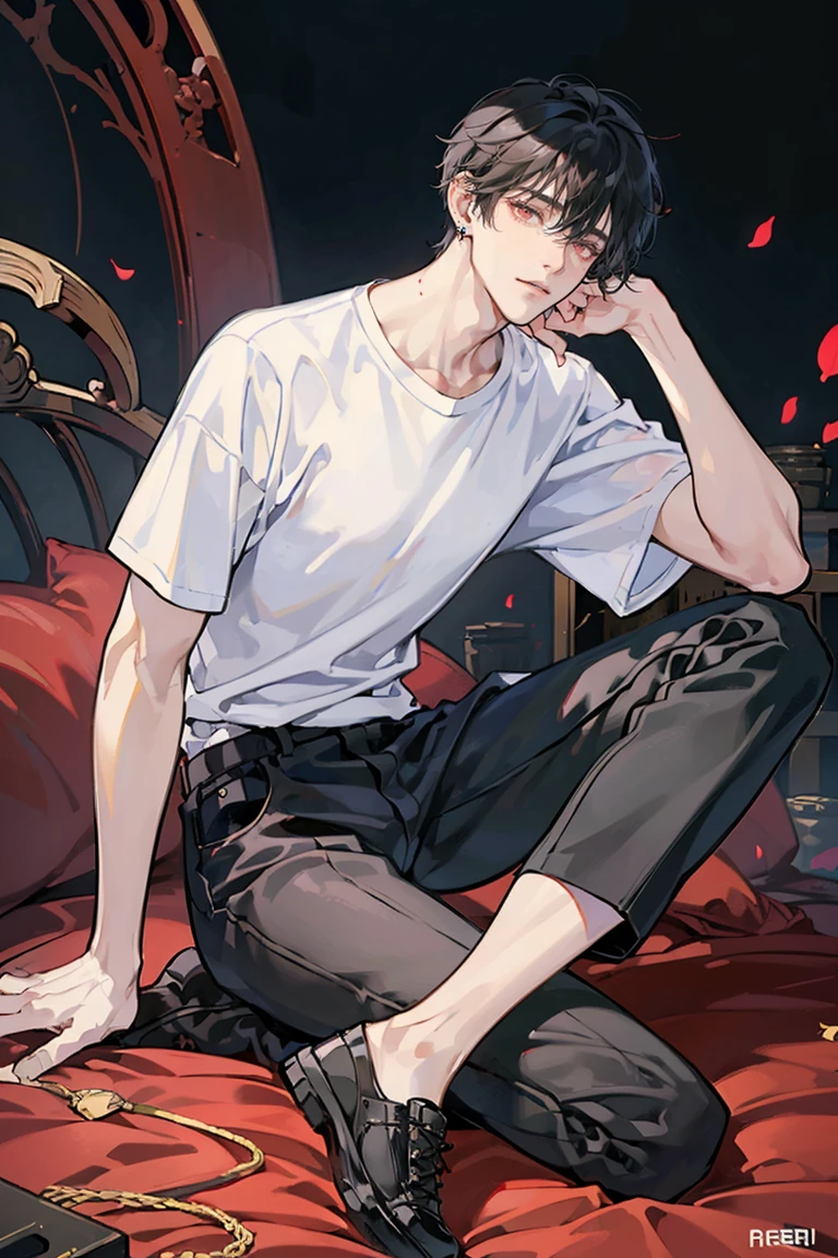 (masterpiece), best quality, seductive eyes, perfect face, handsome man, red eyes, short messy black hair, long nose, plain white t-shirt, long black pants, black sneakers, full body, extremely tall man, long legs, long calves, anime cover, 1boy, ear piercings, adult-like look, there's a beautiful background, bad boy