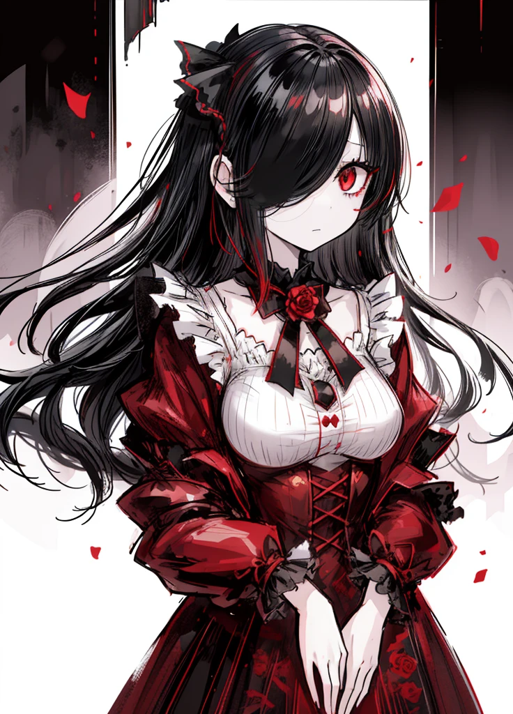 1girl, black hair, (red eye) ,red rose, Red bow,  black noble dress ,pale skin,
(high resolution, high detail, best quality), mysterious, elegant, shy