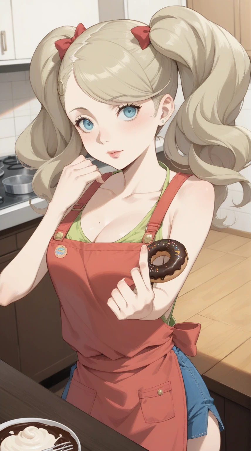 anime girl in apron holding a chocolate donut in a kitchen, ann takamaki from persona 5, seductive anime girl, painted in anime painter studio, marin kitagawa fanart, made with anime painter studio, anime girl named lucy, anime best girl, smooth anime cg art, ecchi anime style, anya from spy x family, blonde anime girl with long hair