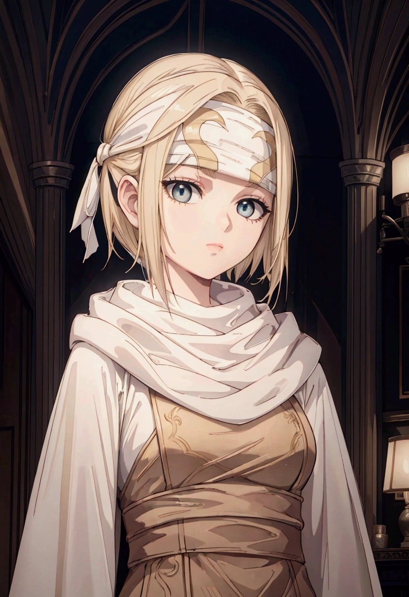 masterpiece), best quality, high resolution blonde 1girl bob cut medium hair standing alone cowl headband profile image looking at viewer beautiful eyes beautiful face extremely detailed