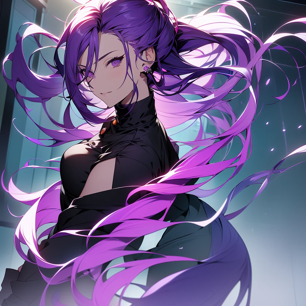 1girl, female gojo satoru, anime screencap from jujutsu kaisen, gojo satoru female version, solo, long_hair, ((purple eyes)) ((White_hair, hair over ear from one side))((slicked hair)) , night view, (hanging breasts) upper_body, smile, indoors, book, lips, (long hair) ((wearing black colour outfit, glossy)) breast, "very detailed and high resolution" (purple eyes) ((solo)) (((front view))) (earings) ((high resolution)) ((good quality)) ((silky hair, hair over ear from one side))((hair slicked)) ((shy))