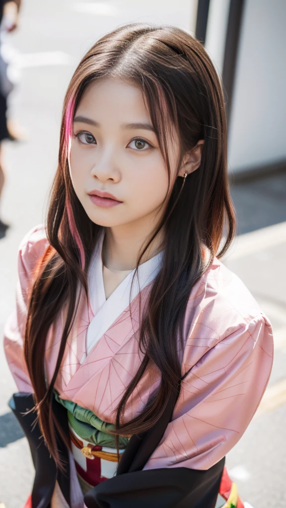 Cute Japanese female, (16 years old), (Very cute face: 1.3), White moist skin, Looking at the camera, Melancholy expression,
BREAK,
Idol,
BREAK,
(Wearing cute kimono: 1.3), (Highly revealing kimono), Very large earrings, Short length,
BREAK,
(Fighting pose: 1.3),
BREAK,
(Long hair), (Pink hair: 1.2), (Wavy hair), (Gradient hair: 1.3), (Red hair at the ends),
BREAK,
(Realistic: 1.3), Masterpiece, Perfect lighting, (Ultra-high resolution), (8K), (Highly detailed: 1.4), (From the front), (Full body: 1.3), (Symmetrical: 1.2),
BREAK,
(Japanese city streets: 1.2),
BREAK,
(Demon Slayer: 1.4),
BREAK,
(Hashimoto Kanna: 1.2),