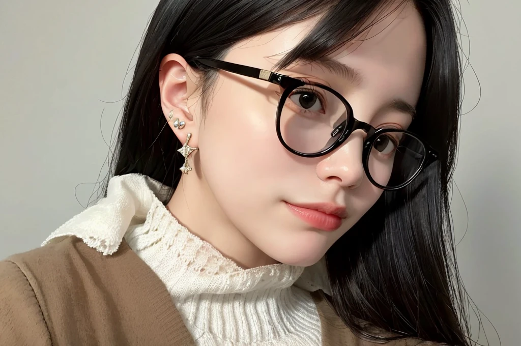 Black Hair, Glasses, Stud Earrings, Vintage, feminine, 8k, masterpiece, Highest quality, Amazing details) , (High saturation, Best Shadow, The best light, Very delicate bleaching) Dark Style