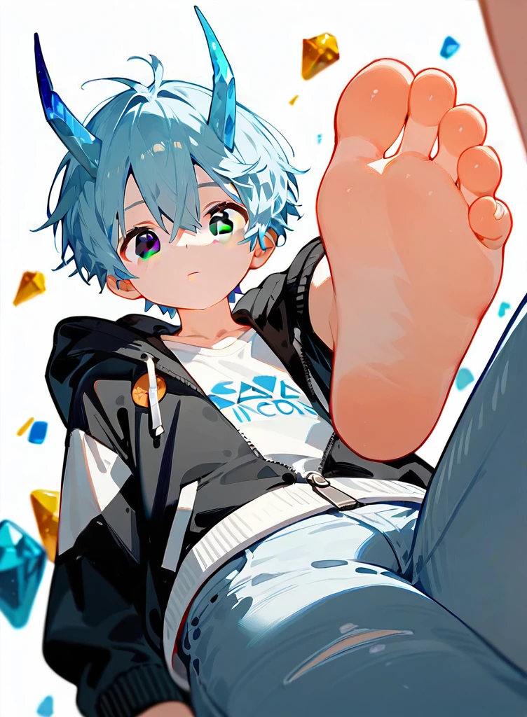 A cute boy showing his feet low angle, barefoot，Sole，Foot Focus，White T-shirt，Wearing a white and black hoodie jacket，Unzipped hoodie jacket，Bangs between the eyes，short hair，Light blue hair，jeans，Anatomically correct, There is a diamond-like horn on the top of the head，Black eyes，Look at the audience，There is a single short blue horn in the middle of the head.，