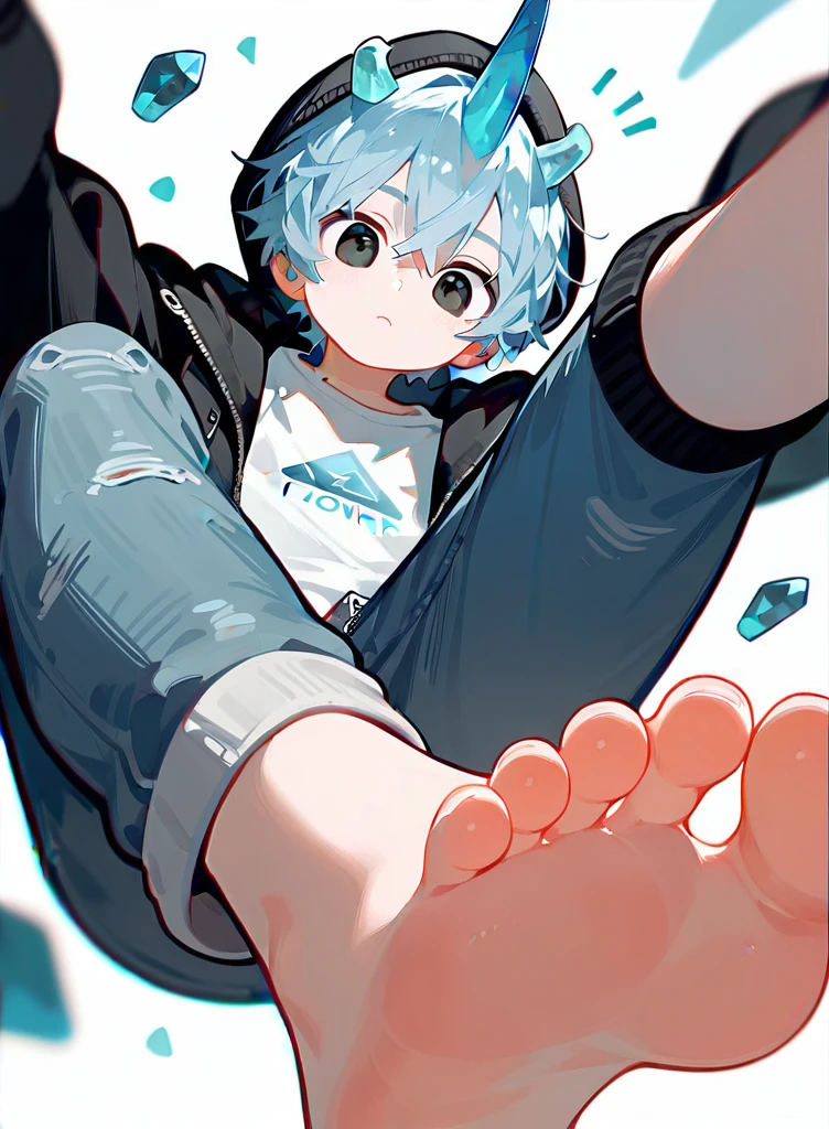 A cute boy showing his feet low angle, barefoot，Sole，Foot Focus，White T-shirt，Wearing a white and black hoodie jacket，Unzipped hoodie jacket，Bangs between the eyes，short hair，Light blue hair，jeans，Anatomically correct, There is a diamond-like horn on the top of the head，Black eyes，Look at the audience，There is a single short blue horn in the middle of the head.，