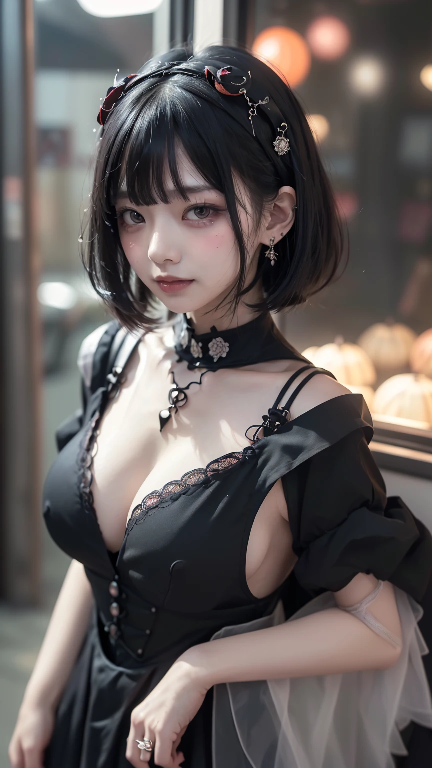 Surreal、A masterpiece of delicate and detailed line drawing、Highest quality、Highest quality、(One Woman、18-year-old、(Big Breasts:1.3), (Big Ass:1.3)、(Black Hair、Hime cut, short hair:1.2)、(Natural Makeup、Eyelash extensions、Draw eyelashes sharply、Eyebrows are thin and short、Deep orange blush:1.1)、(Spaced out、Looks sleepy、Open your mouth、Slightly red cheeks:1.2)、(Simple black hair accessories、Gothic dress with exposed chest:1.3))、Dark Rose Gardens、Purple Rose、(Blur the background:1.3)、(Top view of the subject:1.1)、Photo from thigh up