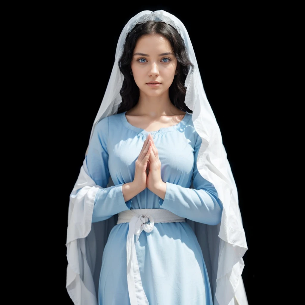 Beautiful woman with light blue eyes, curly black hair, wearing a blue tunic with wide, long sleeves adjusted at the waist by a white sash. Wear a thick white veil.