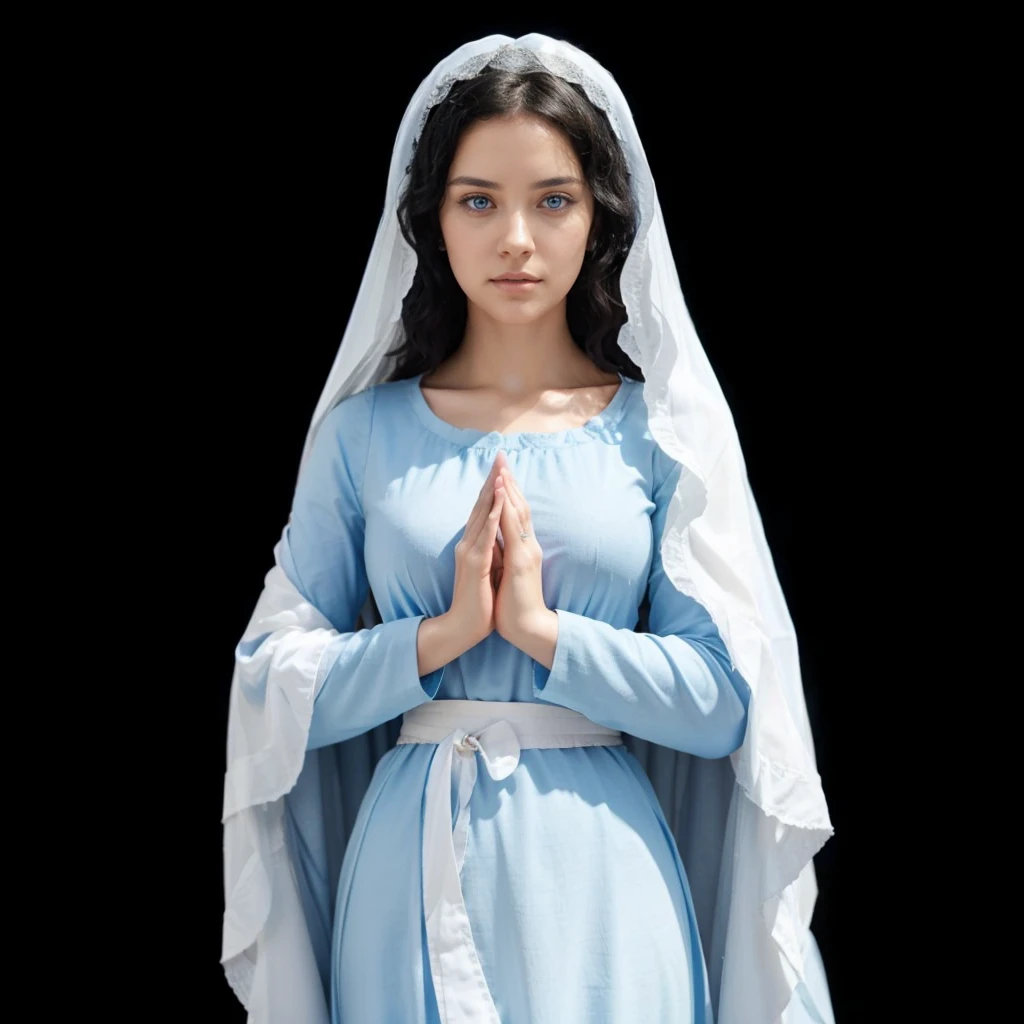 Beautiful woman with light blue eyes, curly black hair, wearing a blue tunic with wide, long sleeves adjusted at the waist by a white sash. Wear a thick white veil.