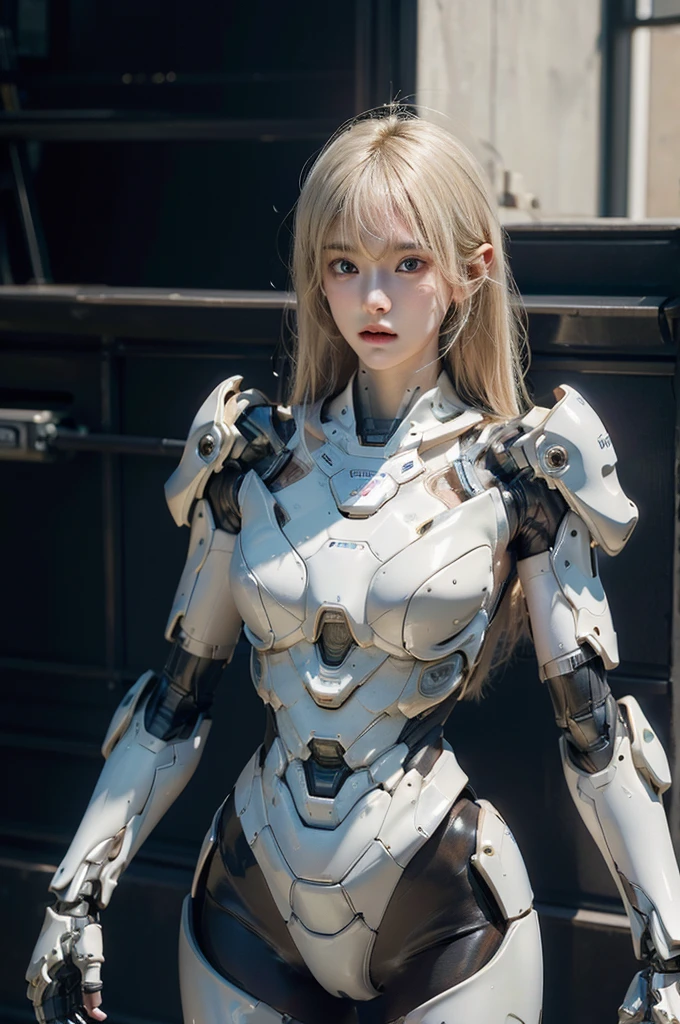 best quality, 1080P, Masterpiece, Whole body photo, Ultra high resolution, photorealistic photo, ultra realism, Realistic skin texture, light blonde hair, Extreme skin detail, dslr, Detailed eyes, Facing the camera, Very beautiful face, Firm facial structure, Pale skin, Realistic skin texture, Extreme skin detail, oc render reflection textures, Realistic light and shadow, One picture, alone, The body is slender and balanced.., Age 20, Height 170, สาวbare, bare, no underwear, A girl with the body of a mechanical robot.., Transparent futuristic black glass mech armor., red armor, The mechanical cervix is stuck in the neck.., Flat stomach, Woman with perfect mechanical arms and legs, full body view, Whole body photo,