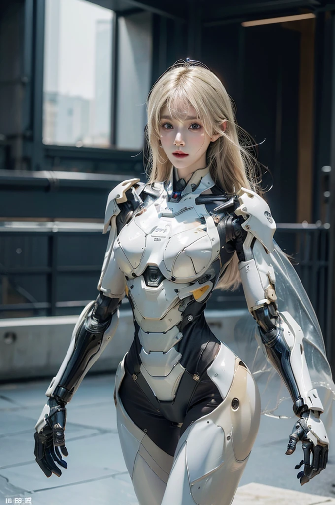 best quality, 1080P, Masterpiece, Whole body photo, Ultra high resolution, photorealistic photo, ultra realism, Realistic skin texture, Light blonde hair, Extreme skin detail, dslr, Detailed eyes, Facing the camera, very beautiful face, Concise facial structure, Pale skin, Realistic skin texture, Extreme skin detail, oc render reflection textures, Realistic light and shadow, Single picture, alone, The body is slim and balanced., Age 20, Height 170, naked girl, NUDE, no underwear, A girl with the body of a mechanical robot., Transparent futuristic black glass mech armor suit, The mechanical cervix is attached to the neck., flat stomach, Woman with perfect mechanical arms and legs, full body view, Whole body photo,
