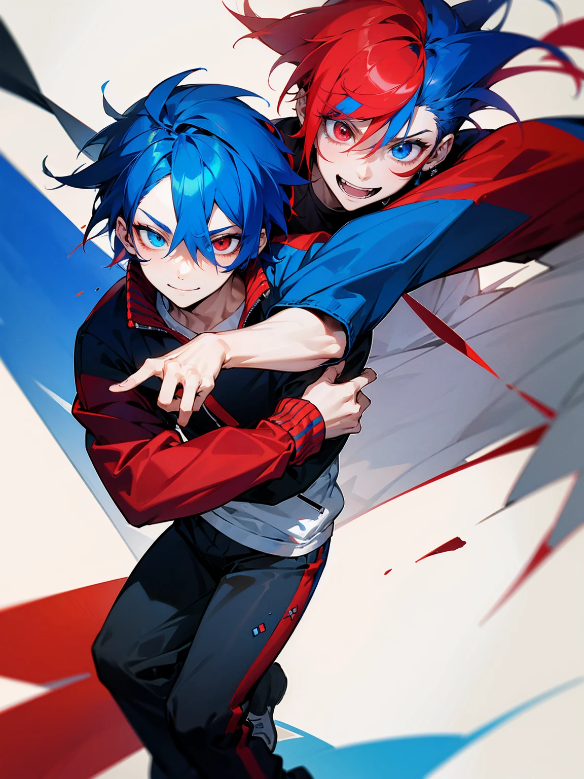 1male, adult, red and blue hair, two toned hair, red and blue varsity jacket, black sweatpants, heterochromia, red eye, blue eye, smile, lean build