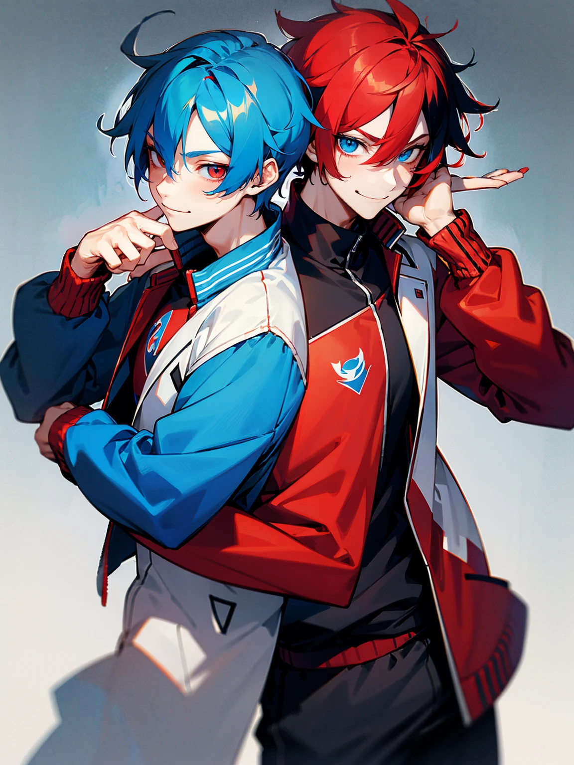 1male, adult, red and blue hair, two toned hair, red and blue varsity jacket, black sweatpants, heterochromia, red eye, blue eye, smile, lean build