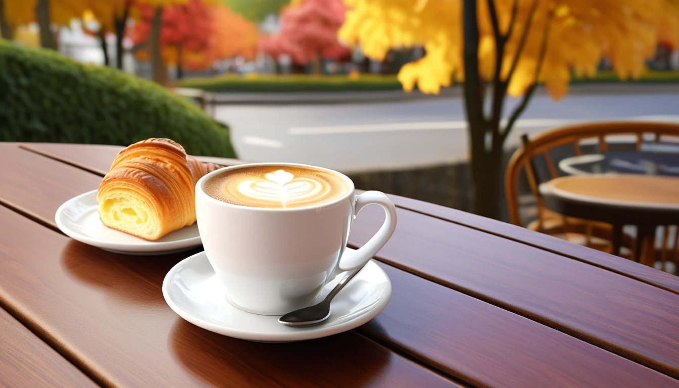 there is a cup of coffee on a saucer on a table, autumn season,cozy cafe background, morning coffee, A coffee, coffee mug, a cake,a croissang, Amazing wallpapers, kawa, high detailed official artwork, portrait of morning coffee, highly detailed scenario, photorealistic illustration, arte de fundo, Relaxing concept art,