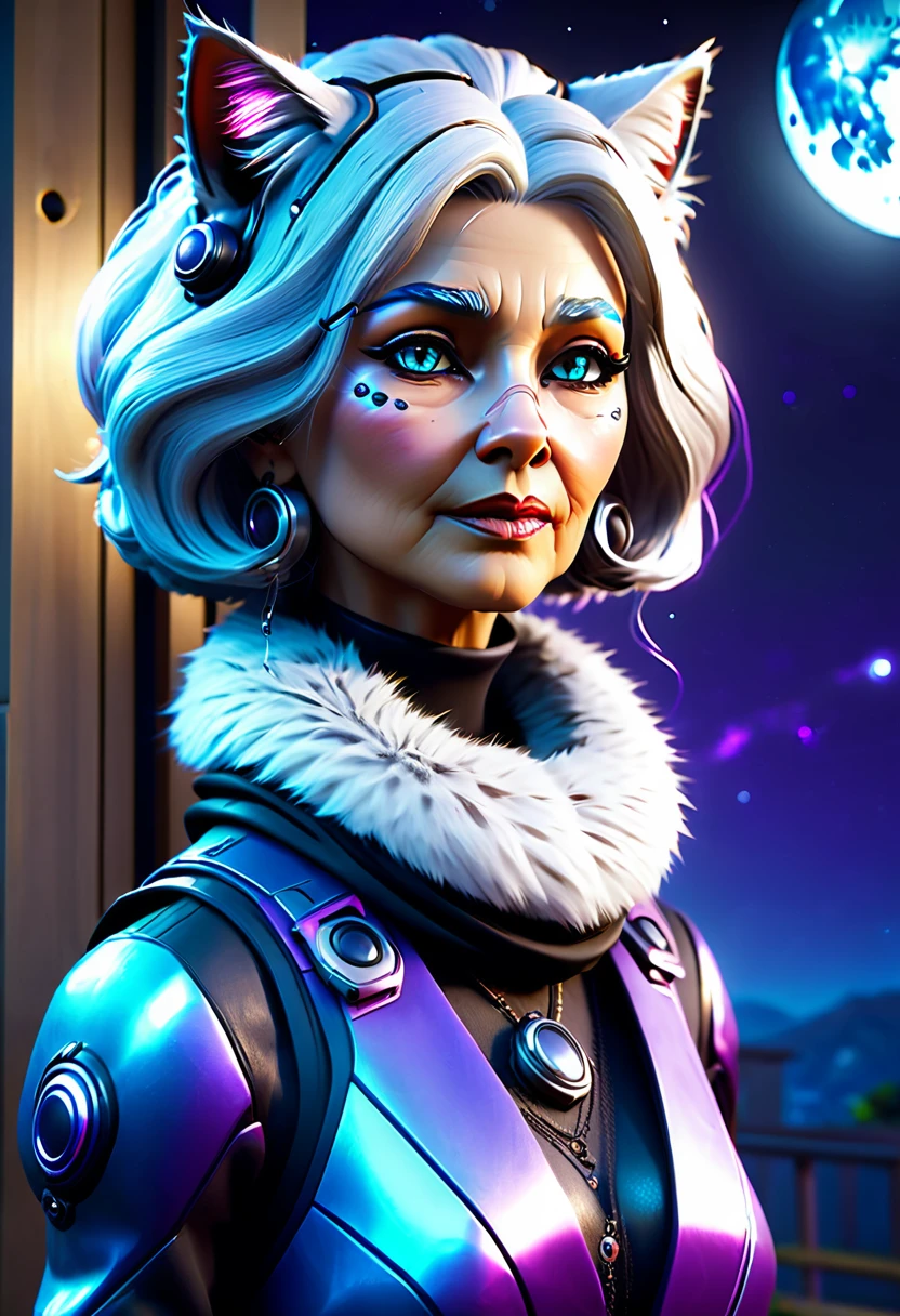 Beautiful neofuturistic woman, Granny cat, Lady Moonlight, Same Ol’ Mistakes, highly detailed, highly realistic,  hyper realistic,  unreal engine render fortnite