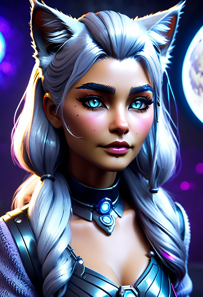 Beautiful neofuturistic woman, Granny cat, Lady Moonlight, Same Ol’ Mistakes, highly detailed, highly realistic,  hyper realistic,  unreal engine render fortnite