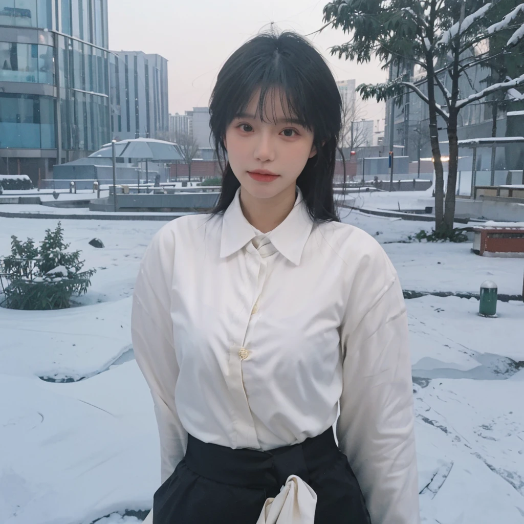 Best quality,masterpiece,Double tail,Ultra-high resolution,snow,16K,Snow background,(Photo Realism:1.4),1 Girl,JK,sexly,(shirt and tie:1.2),(Big breasts:2.3),(Upper body:1.4)