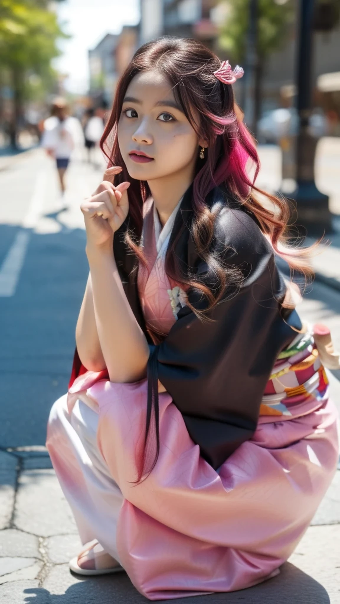 Cute Japanese female, (), (very cute face), white moist skin, looking at camera, melancholy expression,
BREAK,
Idol,
BREAK,
(wearing cute kimono: 1.3), (highly revealing kimono), very large earrings, short length,
BREAK,
(fighting pose: 1.3),
BREAK,
(long hair), (pink hair: 1.2), (wavy hair), (gradient hair: 1.3), (red hair at the ends),
BREAK,
(realistic: 1.3), masterpiece, perfect lighting, (ultra-high resolution), (8K), (highly detailed: 1.4), (from the front), (full body: 1.4), (symmetrical: 1.2),
BREAK,
(Shibuya city in Japan: 1.2),
BREAK,
(Demon Slayer: 1.4),
BREAK,
(Imada Mio: 1.4),