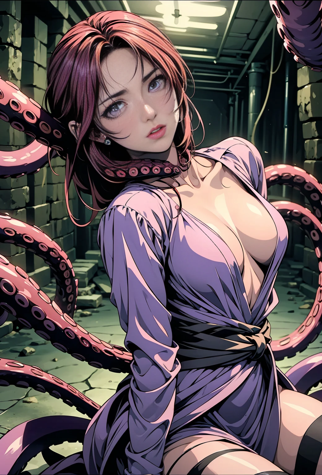 ((masterpiece)), ((best quality)), (ultra-detailed), ((close up shot)), (in a basement),(monster),(((many tentacles wrap around the body))),a mature woman, 1girl, solo, (takashirohiroko), (purple bra and panties), (garters, black thigh highs), ((many tentacles bound arms)), ((thin waist)),large breast, slim, slender, beautiful long red hair, beautiful purple eyes, (beautiful eyes), round green earrings, (facial expression : panicking), detailed eyes, detailed lips, ((hands bound by tentacles behind her head)), 