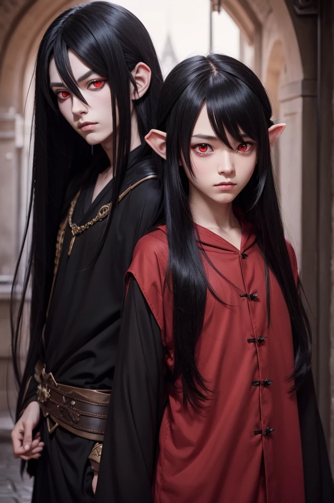 Anime boy elfo , with red eyes and long black hair