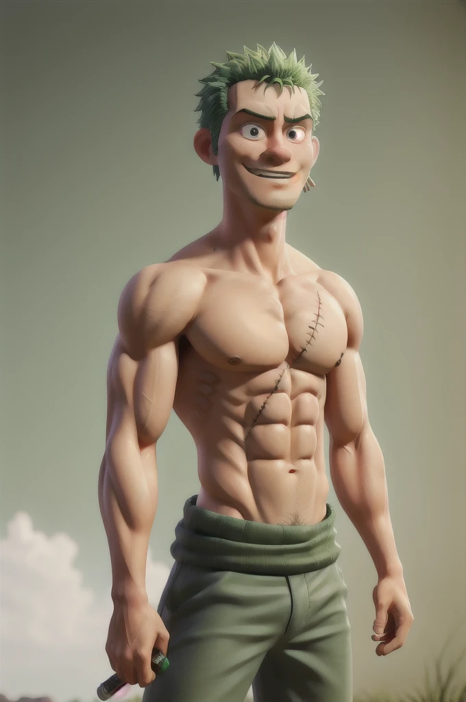 Roronoa zoro, definited muscle, green hair, scars,detailed penis, detailed feet, sweaty feet, veiny penis, veiny arms, detailed face.