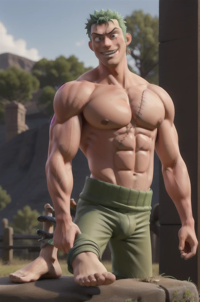 Roronoa zoro, definited muscle, green hair, scars,detailed penis, detailed feet, sweaty feet, veiny penis, veiny arms, detailed face.