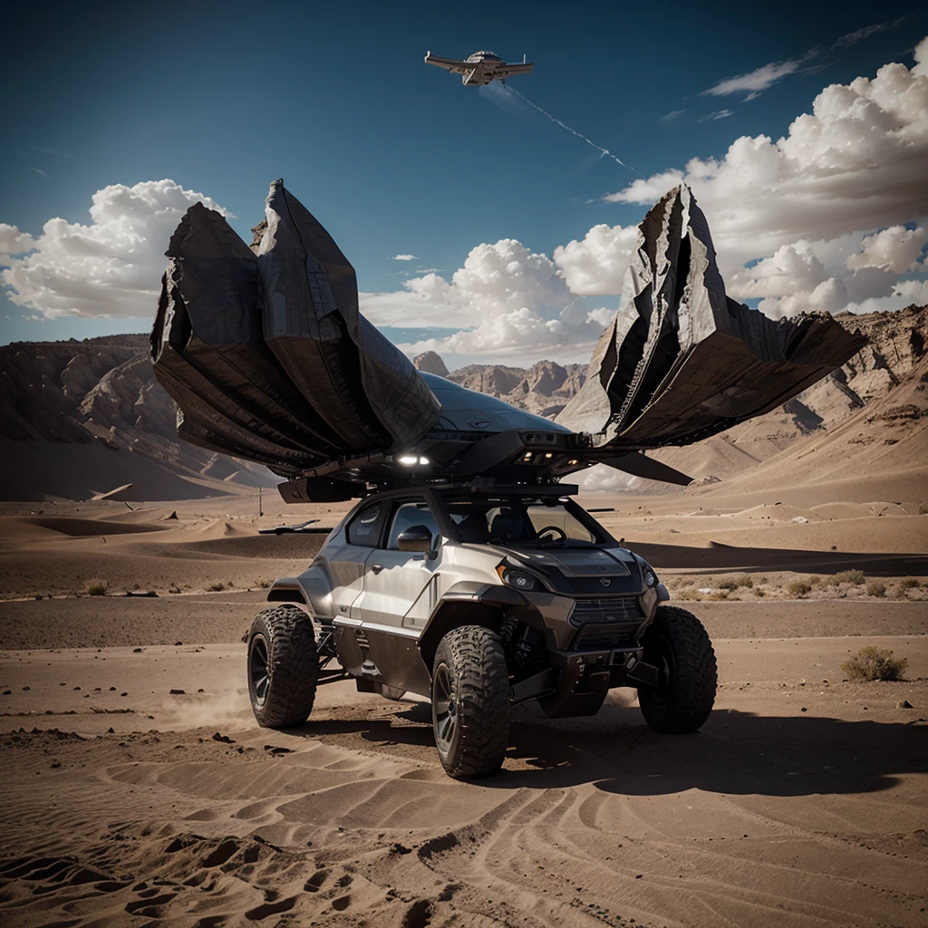 Create a photorealistic cinematographic image of a futuristic design spaceship landing in a desert planet with cloudy and dark sky. Colo grade, cinematic shot, cinematography, director of photography, amazing aerospacial design.
