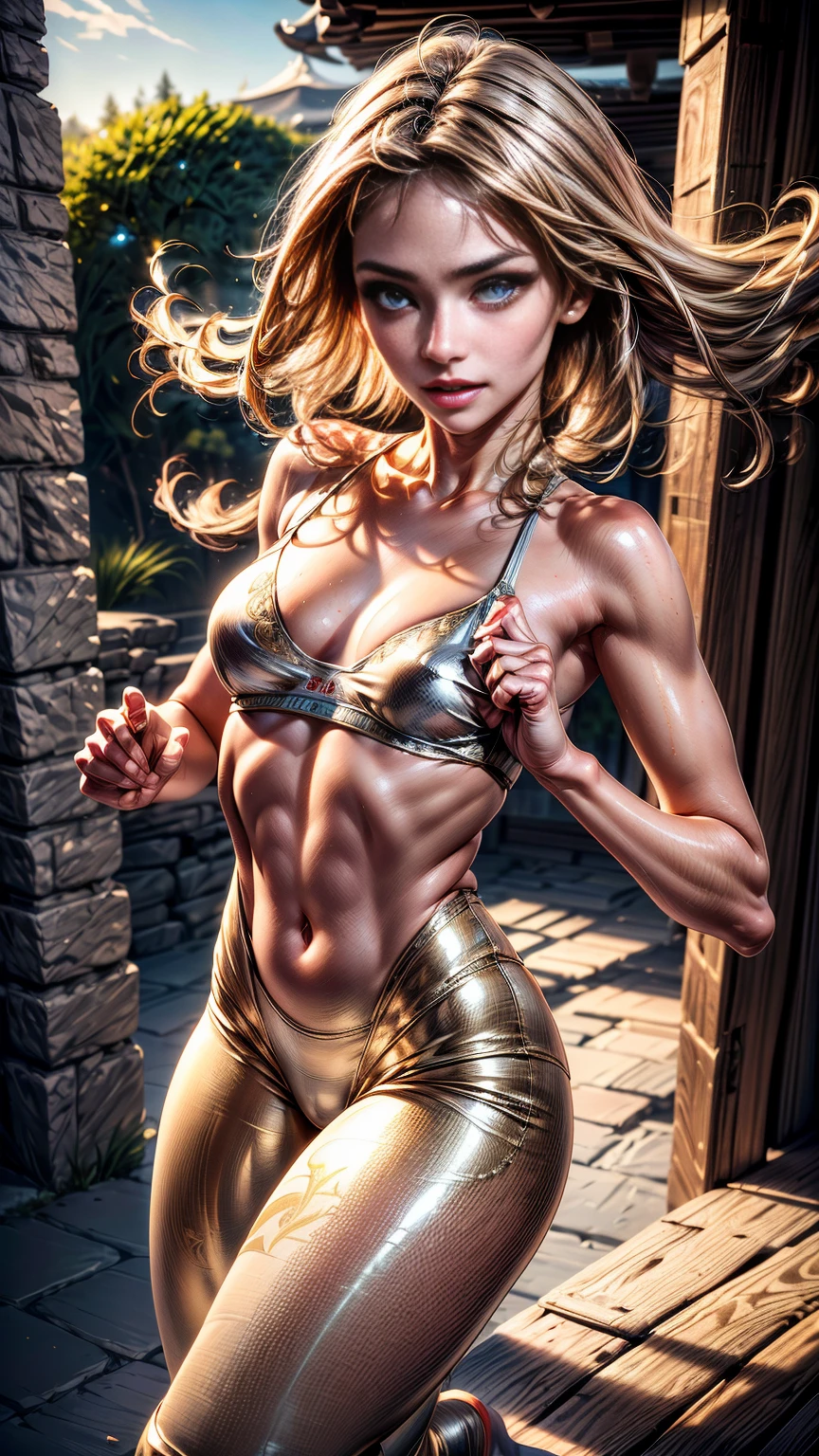 (A hyper-realistic), (illustratio), (hight resolution), (8k), (ighly detailed), (The best illustrations), (beatiful detailed eyes), (top-quality), (Ultra-detail), (masterpiece), (wall-paper), (Detailed face), woman, White wavy hair, heterochromic eyes, small moles under eyes, see through yoga pants, long legged, legs spread wide open, Tight abs, camel's toe, dynamic poses、combat pose, Realistic pretty woman、reallistic, good hands, best hands