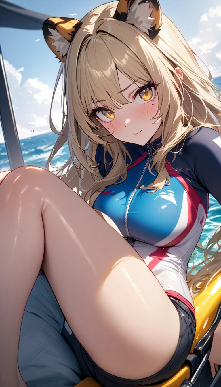 1girl、(((best quality)), ((masterpiece)), (details), masterpiece, best quality, high quality, ulutra detailed, perfect face, ((1girl, blond eyes, tiger ears: 1.3 blond long hair: 2.5,Mole under left eye:2.0))、Shiny Hair、Glowing Skin、Lustful look、ride a water bike、Rash guard、Shorts swimsuit、Ocean、Ocean上、