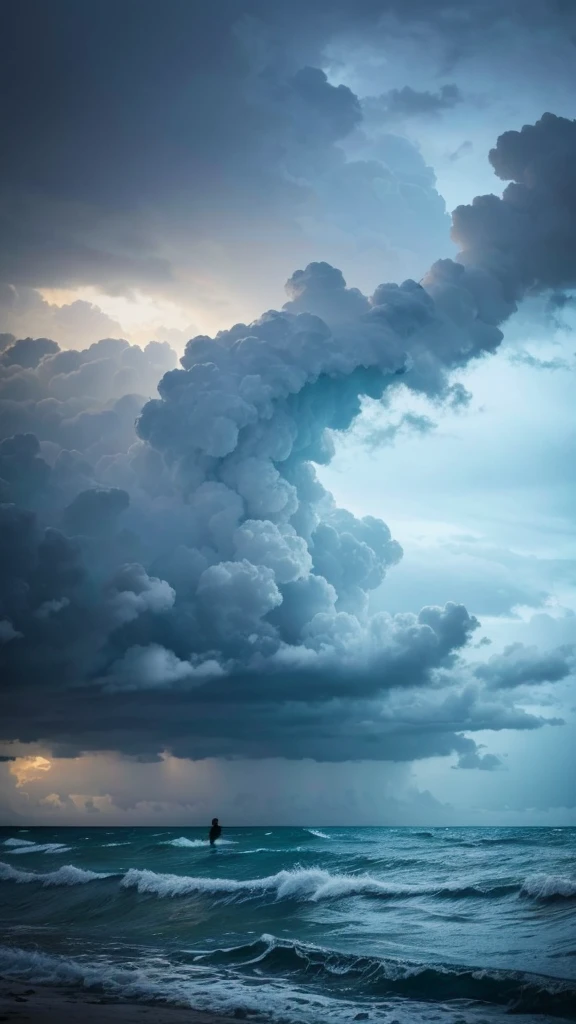 Some man fall into the sea. The sky is so dark and storm everywhere.