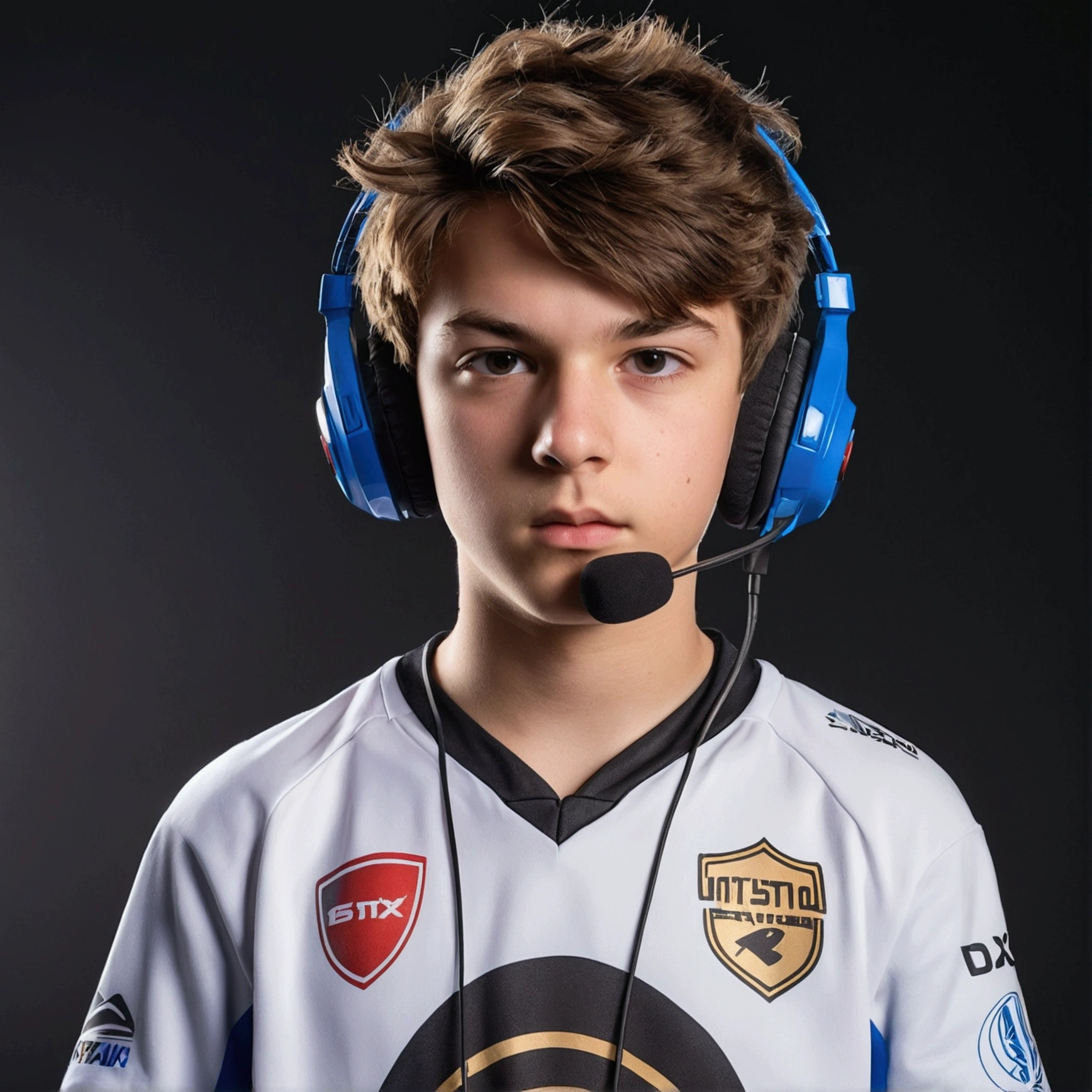 "Generate a realistic image of a teenage boy eSports player standing up. He has short, messy hair, wears a gaming headset with a microphone, and has a focused expression on his face. He’s dressed in a branded eSports team jersey, with logos and a gamer tag visible. He should be holding a gaming controller in his hands. The background should be plain white, ensuring the focus remains on the player."