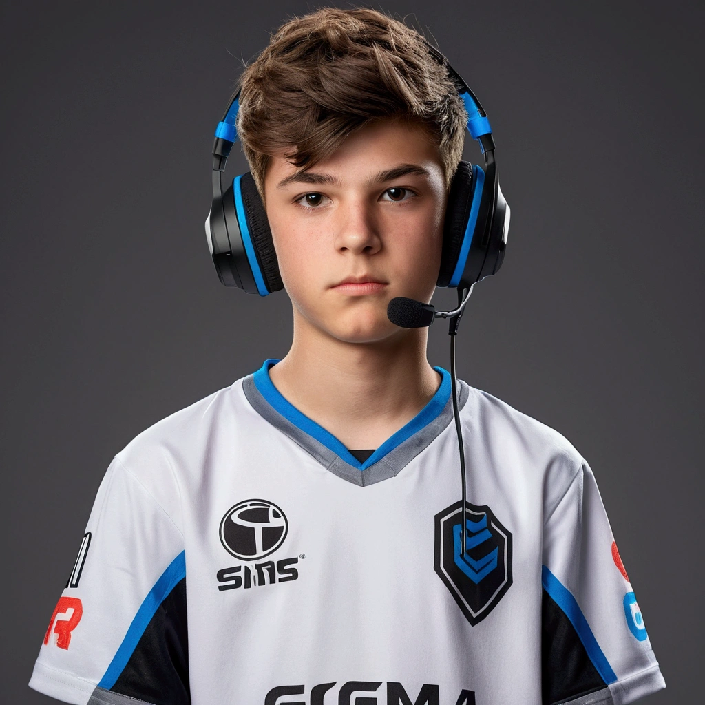 Generate a realistic image of a teenage boy eSports player standing up. He has short, messy hair, has a focused expression on his face. He’s dressed in a branded eSports team jersey, with logos and a gamer tag visible. He should be holding a gaming controller in his hands. The background should be plain white, ensuring the focus remains on the player."