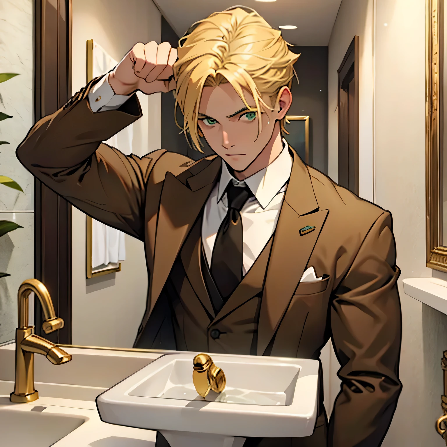 Blonde haired young man with green eyes。Brown suit、Marble bathroom in the background、Depiction of only the upper body