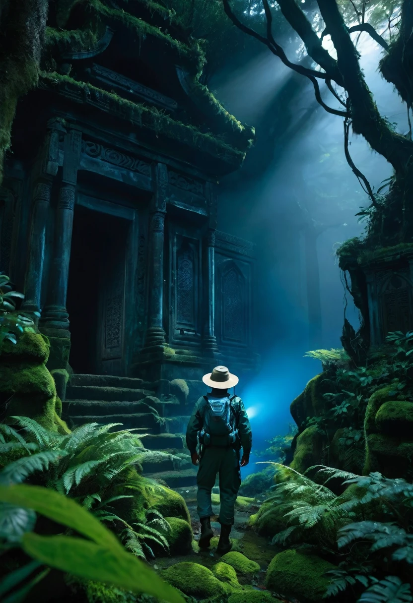 
                      Close-up of a man in the foreground(Half-length back view) Back view of explorer wearing khaki adventure suit and hat (dynamic) Standing in the mossy forest dark blue light very dense very dense bushes in the bushes there are ancient temple building ruins hidden in the depths mist filled ethereal mist shadows and glow,vine(The middle emits blue light), nice images, high detail


                         體積光  生物發光 風格複雜藝術作品 大景深 電影化處理, Realistic magical fantasy scene highly detailed structure surreal, Digital art, high detail, HD