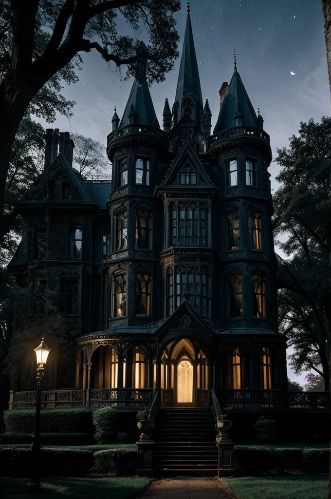 Visualize a grand, yet eerie old mansion nestled among tall, gnarled trees in the dead of night. Moonlight casts long shadows, enhancing the mansion's gothic architecture.