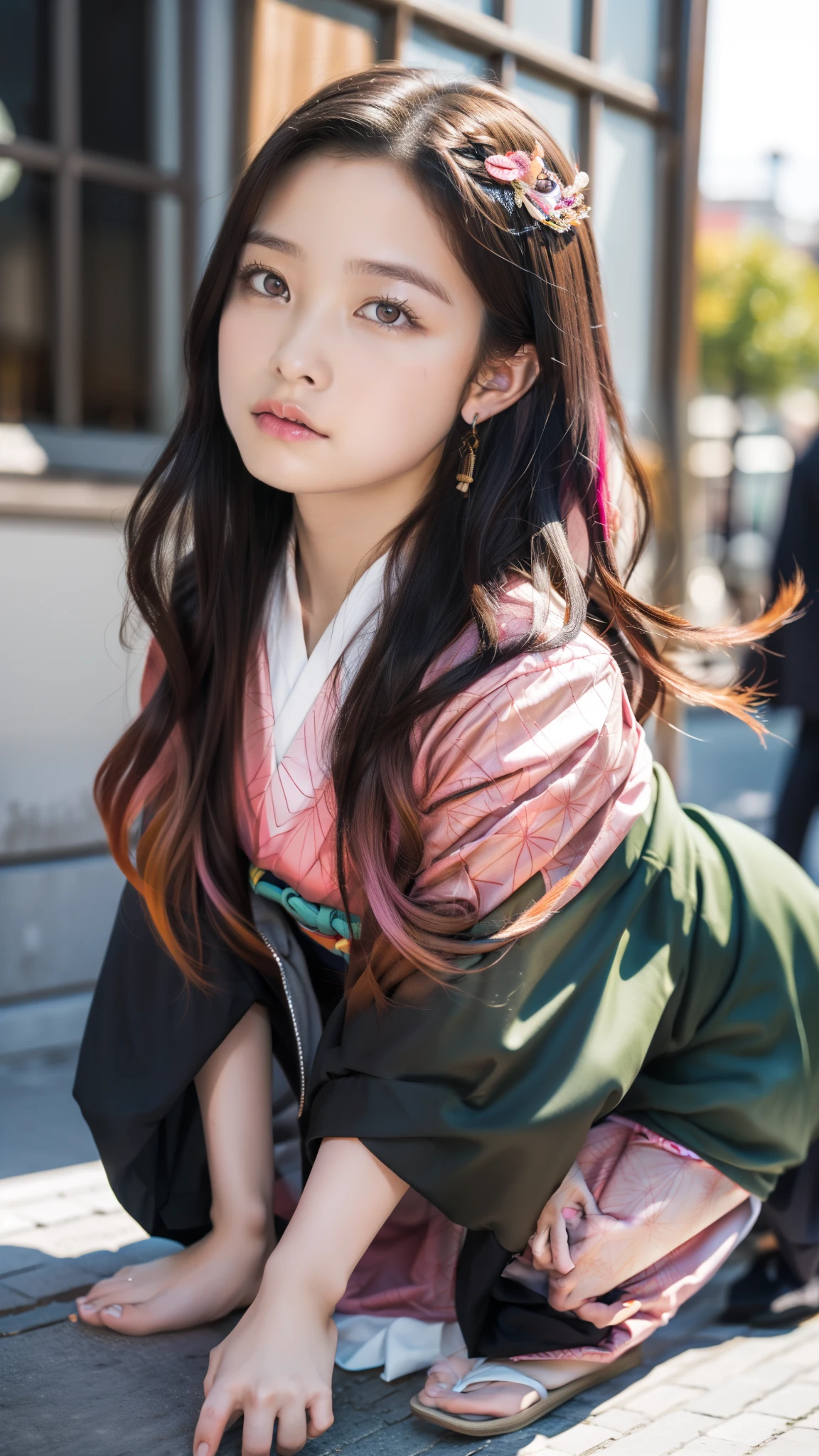 Cute Japanese female, (16 years old), (Very cute face: 1.3), White moist skin, Looking at the camera, Melancholy expression,
BREAK,
Idol,
BREAK,
(Wearing cute kimono: 1.3), (Highly revealing kimono), Very large earrings, Short length,
BREAK,
(Fighting pose: 1.3),
BREAK,
(Long hair), (Pink hair: 1.2), (Wavy hair), (Gradient hair: 1.3), (Red hair at the ends),
BREAK,
(Realistic: 1.3), Masterpiece, Perfect lighting, (Ultra-high resolution), (8K), (Highly detailed: 1.4), (From the front), (Full body: 1.3), (Symmetrical: 1.2),
BREAK,
(Japanese city streets: 1.2),
BREAK,
(Demon Slayer: 1.4),
BREAK,
(Hashimoto Kanna: 1.2),