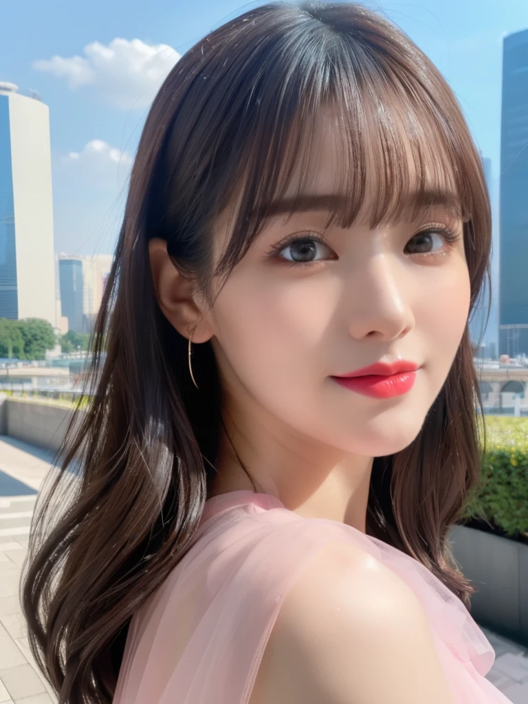 (RAW Photos, highest quality), (Realistic, Photorealistic:1.3), (Masterpiece), (Highest quality), High resolution, 8K resolution, (Intricate details), (Volumetric Light), Portraiture, woman, 30 years old, Medium Hair, Layered Hair, Brown Hair, Highly detailed eyes, Source order, Very thin eyebrows, Highly detailed skin, Highly detailed mouth, Highly detailed nose, Cute like an idol, Slender body, smile, ((Pink lipstick)), ((Look at the viewers)), (An elegant and transparent Black see-through short-sleeved dress :1.2), ((Random Body Orientation)), Sunny day cityscape background, Face looking at camera,