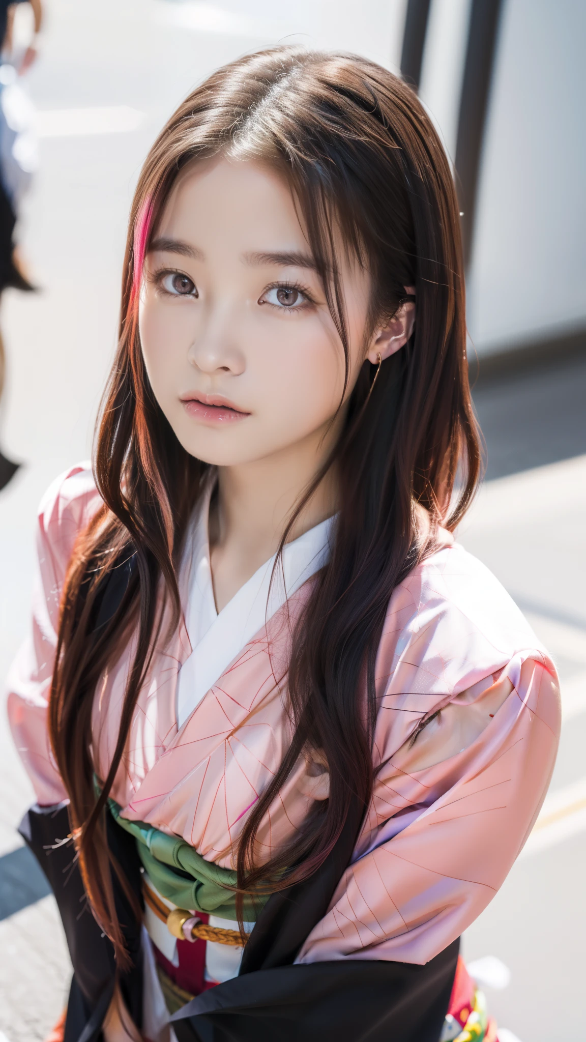 Cute Japanese female, (), (Very cute face: 1.3), White moist skin, Looking at the camera, Melancholy expression,
BREAK,
Idol,
BREAK,
(Wearing cute kimono: 1.3), (Highly revealing kimono), Very large earrings, Short length,
BREAK,
(Fighting pose: 1.3),
BREAK,
(Long hair), (Pink hair: 1.2), (Wavy hair), (Gradient hair: 1.3), (Red hair at the ends),
BREAK,
(Realistic: 1.3), Masterpiece, Perfect lighting, (Ultra-high resolution), (8K), (Highly detailed: 1.4), (From the front), (Full body: 1.3), (Symmetrical: 1.2),
BREAK,
(Japanese city streets: 1.2),
BREAK,
(Demon Slayer: 1.4),
BREAK,
(Hashimoto Kanna: 1.2),