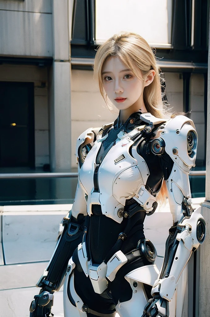 best quality, 1080P, Masterpiece, Whole body photo, Ultra high resolution, photorealistic photo, ultra realism, Realistic skin texture, Light blonde hair, Extreme skin detail, dslr, Detailed eyes, Facing the camera, very beautiful face, Concise facial structure, Pale skin, Realistic skin texture, Extreme skin detail, oc render reflection textures, Realistic light and shadow, Single picture, alone, The body is slim and balanced., Age 20, Height 170, naked girl, NUDE, no underwear, A girl with the body of a mechanical robot., Transparent futuristic black glass mech armor suit, The mechanical cervix is attached to the neck., flat stomach, Woman with perfect mechanical arms and legs, full body view, Whole body photo,